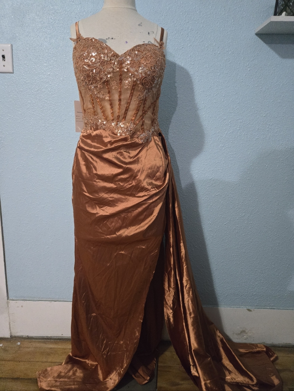Elegant Copper Lace Bodice Prom Dress with Train